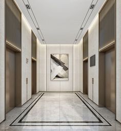 an empty hallway with white walls and marble flooring is seen in this rendering image