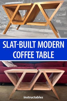 a wooden table sitting on top of a red couch next to a coffee table with the words, slat - built modern coffee table