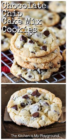 chocolate chip cake mix cookies are stacked on top of each other and ready to be eaten