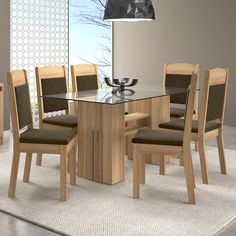 a dining room table with chairs and a glass top centerpiece on carpeted floor