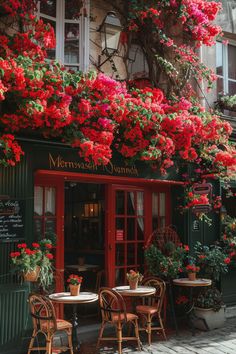 Charming café with red bougainvillea and outdoor seating in European-style streetscape Red Bougainvillea, Cozy Outdoor Seating, Parisian Dining, Cozy Brunch, Best Restaurants In Paris, Visiting Paris, Outdoor Seating Area