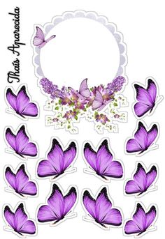 some purple butterflies and flowers on a white background