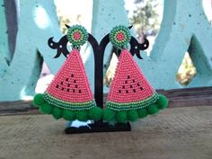 These watermelon slice earrings would make a perfect and unique gift for family, friend, or yourself. If you like these bead embroidery earrings, but would like them in a different color please email me because I do special orders. ★DIMENSIONS: 7.5*4.5 cm (2.95*1.77 Inches) ★READY TO SHIP Made with love and care about you!♥ ★The colors can slightly differ from the photo because of photography lighting and monitor settings. ★ESTIMATED SHIPPING TIMES: North America: 2-4 weeks Europe: 1-3 weeks Aus Fun Green Beaded Earrings For Summer, Handmade Playful Earrings For Summer, Playful Handmade Earrings For Summer, Green Beaded Earrings For Summer Fun, Playful Handmade Summer Earrings, Handmade Watermelon Earrings For Summer, Handmade Watermelon Color Earrings For Summer, Fun Green Fruit Design Earrings, Fun Green Beaded Earrings For Gift