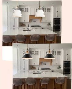 two pictures of a kitchen with white cabinets and wooden stools in front of the island