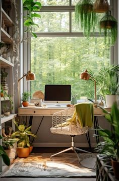 a home office with plants in the window sill and a computer on a desk