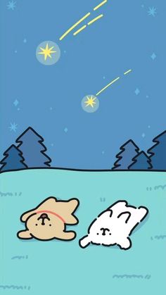 an image of two cartoon animals in the snow with stars above them and trees behind them