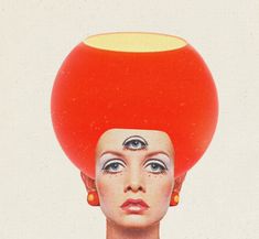 a woman's head with an orange ball on top of her head and eyes