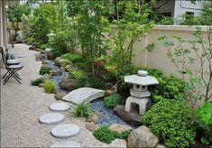 a small garden with rocks and stones in the center, surrounded by trees and bushes