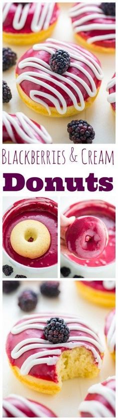 blackberries and cream donuts with blueberries on top are shown in this collage