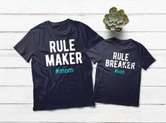 Rule Maker Rule Breaker Mother and Son Matching Shirts Unisex T-shirt 100% combed and ring-spun cotton 4.3-ounce and 30 singles Rib-Knit Crew Neck Double-needle sleeves and hemBaby Bodysuit 4.5 oz 100% combed ringspun cotton Double-needle stitched rib binding on neck, sleeves, leg opening and shoulders Flatlock Seams EasyTear™ label Reinforced three-snap closure on binding Kid T-shirt A youth shirt with durability and comfort that is hard to beat Preshrunk 100% combed and ring-spun cotton Care I Mommy Son Outfits, Mom And Son Outfits, Mommy And Me Matching Outfits, Matching Family T Shirts, Mom Of Boys Shirt, Mom And Son, Mommy And Son, Rule Breaker, Mommy And Me Shirt