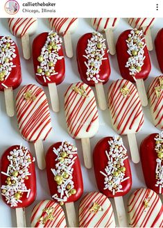 red and white candy pops with gold sprinkles are arranged in rows on top of each other