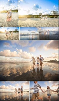 family photos taken on the beach at sunset with blue sky and clouds in the background