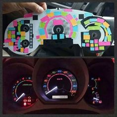 a car dashboard with the words use post - it notes to color your dashboard lights