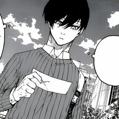 an anime character holding a piece of paper in his hand and looking at the camera