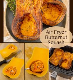 an air fryer butternut squash is being cooked in the oven and cut into pieces