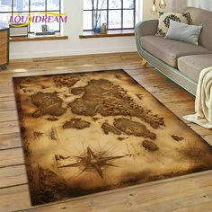 a living room area rug with an old world map on it