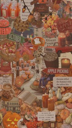 a collage of pumpkins, apples, candles and other items with words written on them