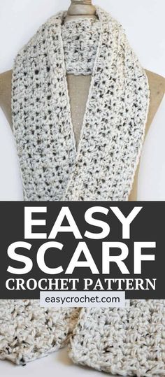 an easy crochet scarf with text overlay that says easy scarf crochet pattern