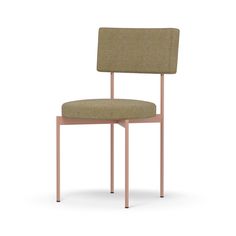 the back side of a chair with a beige upholstered seat and wooden frame