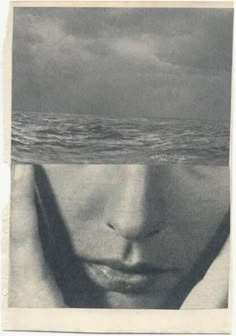 a woman's face is shown in the middle of an image with water and clouds