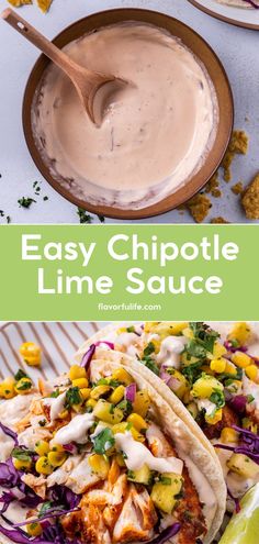 easy chipotle lime sauce in a bowl next to two tacos