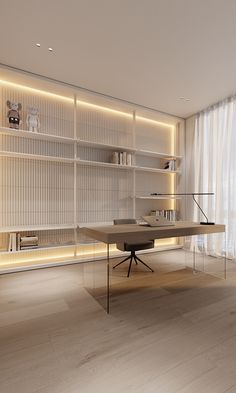 an empty room with a desk and bookshelf in the corner, lighted by recessed lighting