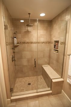 a walk in shower sitting next to a toilet