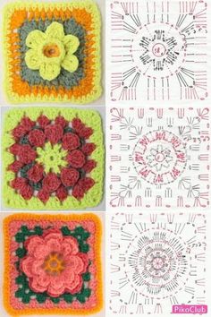 four crocheted squares with flowers on them and the words, free pattern below