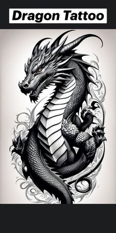 a dragon tattoo on the back of a black and white photo with an ornate design