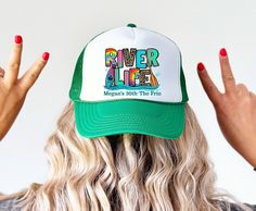 River theme Trucker hats are great for Bachelorette or Birthday Parties, Float Parties! The colors can be chosen at checkout! Brim and Mesh hat will feature the chosen color. Adjustable 6 panel features an adjustable plastic strap and  a pony tail hole!  One size fits most! No returns or exchanges But please contact me if you have any problems with your order! Fun Hats For Birthday And Carnival, Fun Carnival Birthday Hats, Fun Birthday Carnival Hats, Fun Carnival Party Supplies As Gifts, Novelty Multicolor Birthday Hat, Fun Green Hat For Gift, Fun Multicolor Birthday Hats, Fun Multicolor Customizable Hats, River Bachelorette Party