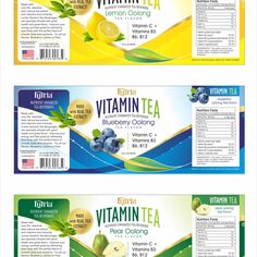 two vitamin tea coupons with blueberries and lemons on the front, one in green