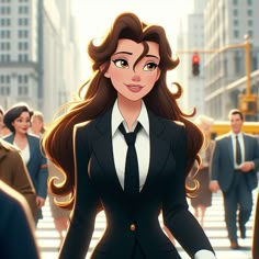 an animated image of a woman in a suit walking down the street with other people behind her