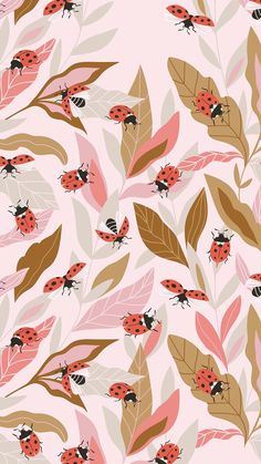 ladybugs and leaves on a light pink background with brown, beige, and red colors