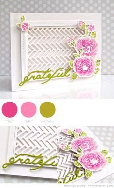 two cards with pink flowers and green leaves on them, one is made out of white paper