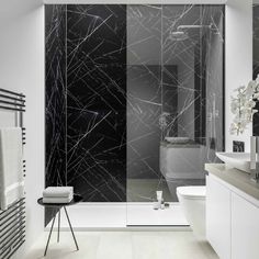 a bathroom with black and white marble walls