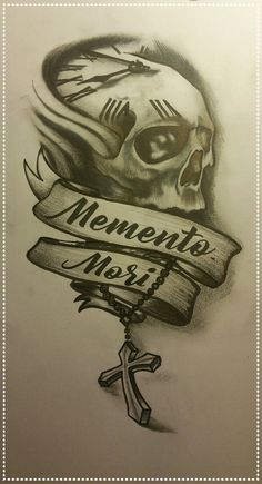 a drawing of a skull with a cross and ribbon around it's neck that says, mementoe must