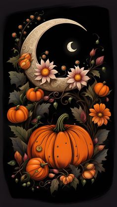 pumpkins and flowers on a black background with the moon in the sky above them