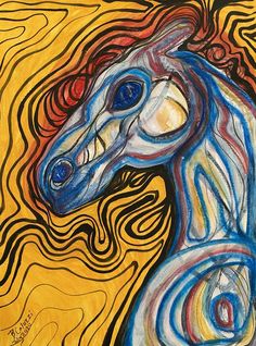 a painting of a horse with swirls on it's face and tail, in blue, yellow, red, and white colors