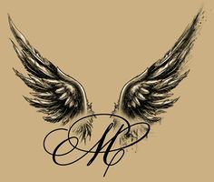 an artistic drawing of two wings with the letter m on it's back side