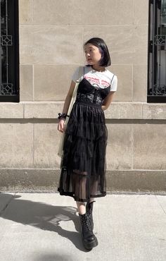 Edgy Sheek Outfits, Doc Martens Punk Outfit, How To Style Night Gown, Cozy And Chic Outfit, Styling A Sheer Dress, 2023 Alternative Style, Sweater Over Mini Dress Outfit, Whimsigoth Concert Outfit, Chunky Platform Shoes Outfit