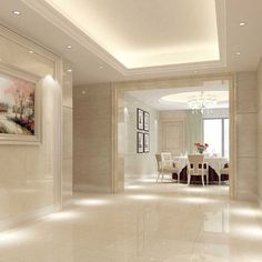 an elegant dining room with marble floors and white walls