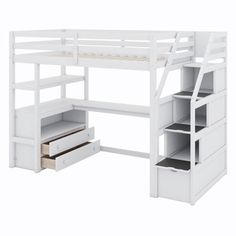 a white loft bed with stairs and drawers on the bottom shelf, next to an open drawer