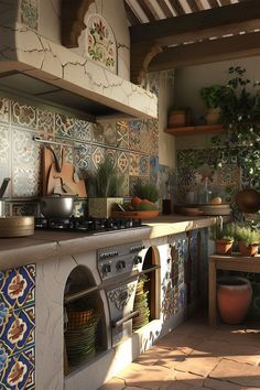 a kitchen filled with lots of pots and pans on top of a stovetop oven