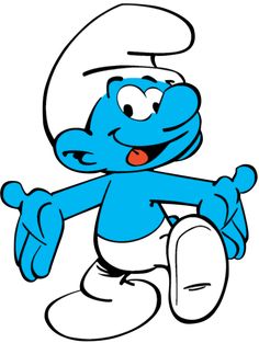 the smurfs cartoon character with his arms out and eyes wide open, sitting down