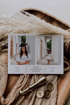 an image of a woman's graduation card on top of some hair clips and other items