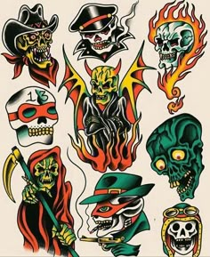 an assortment of skull tattoos on a white background