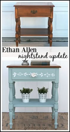 the before and after of an old table makeover with chalk paint, stencils, and spray paint