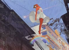 a painting of a woman standing on top of a building with a rainbow in the background