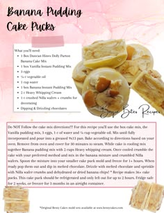 the recipe for banana pudding cake is shown in pink and white text, with an image of