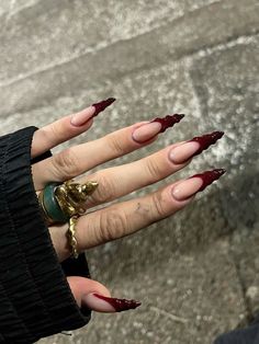 Long Red Almond Acrylic Nails, Red Claw Nails, Red And Gold Nails Acrylic, Red And Black Acrylic Nails Designs, Black And Red Nail Designs, Pierced Nails, Stiletto Shaped Nails, Plum Nails, Acrylic Press On Nails